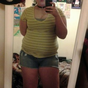 yellow and gray striped v-neck