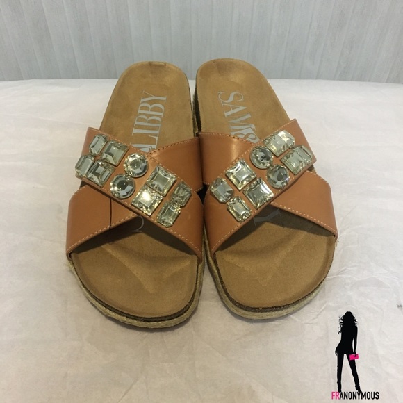 Embellished Footbed Tan Leather Slides  9 11 - Picture 2 of 4