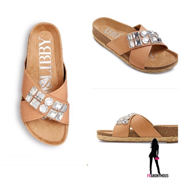 Sam & Libby Shoes - Embellished Footbed Tan Leather Slides  9 11