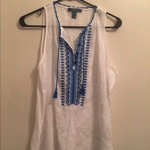 White tunic with blue embellishments. Ralph Lauren