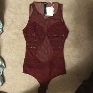 LA PERLA burgundy mesh cutout bead bodysuit NWT 4