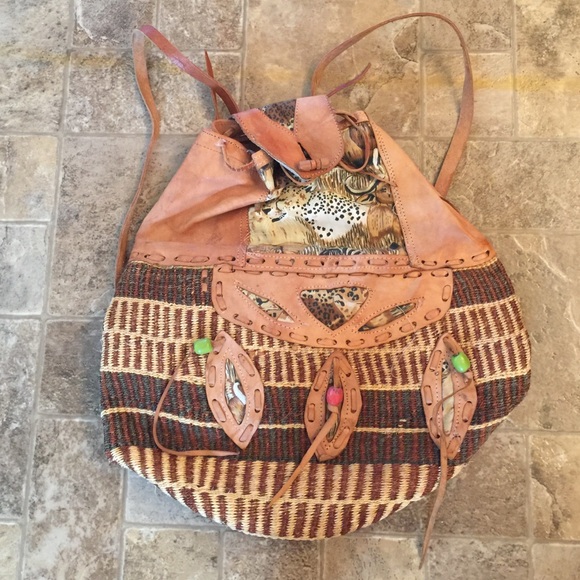 Leather and woven straw South American Backpack