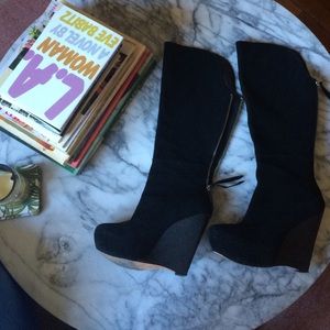 Suede Knee-high Wedge Heel Boots, 4.5 inch heel