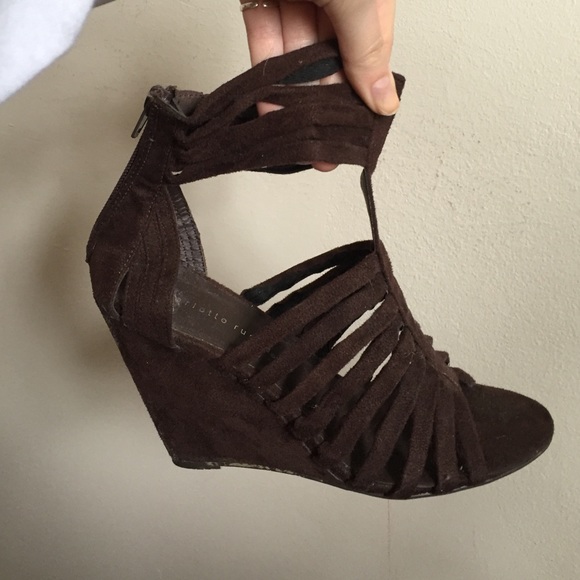 Strappy brown suede wedges
