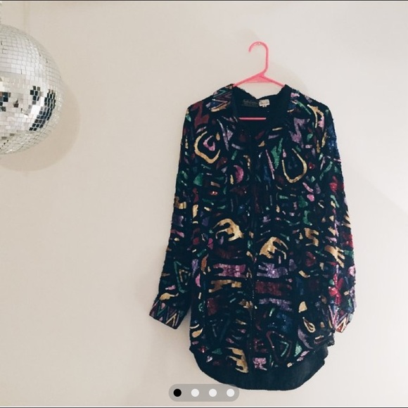 Rainbow Sequinned black button down - Picture 2 of 4