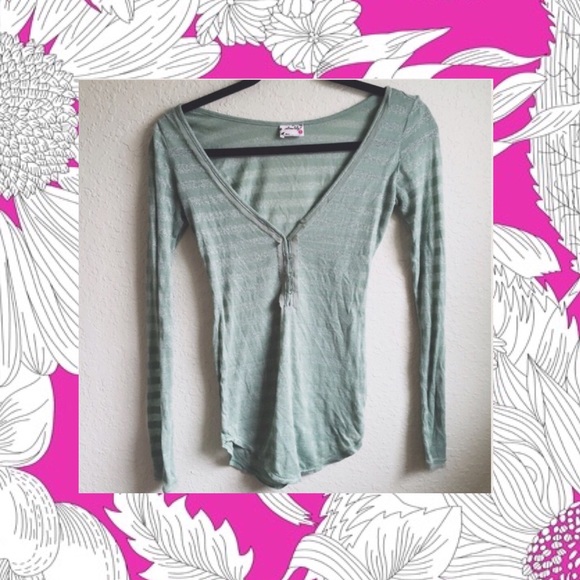 Free People Green & Silver Striped Henley -Size XS