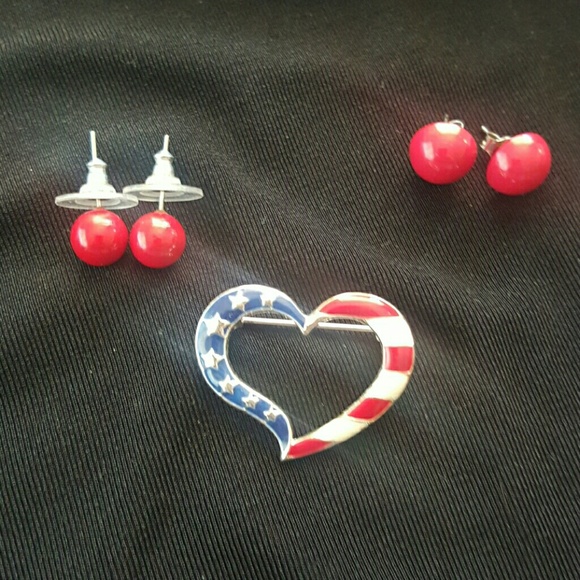 Usa Broach and 2 pairs of red earrings