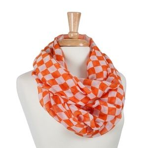 Orange and white chessboard infinity scarf.