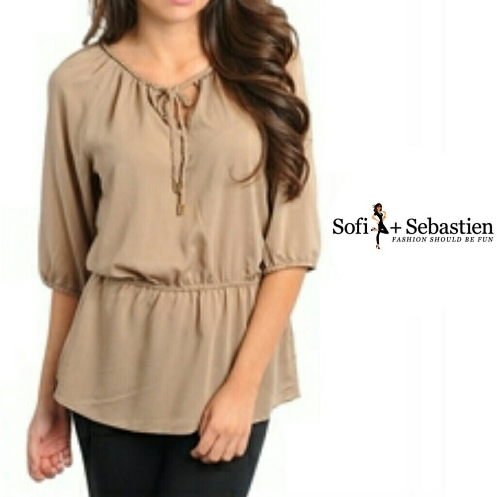 Peasant Top Peplum Beige Elastic Waist Tie Neck - Picture 2 of 3