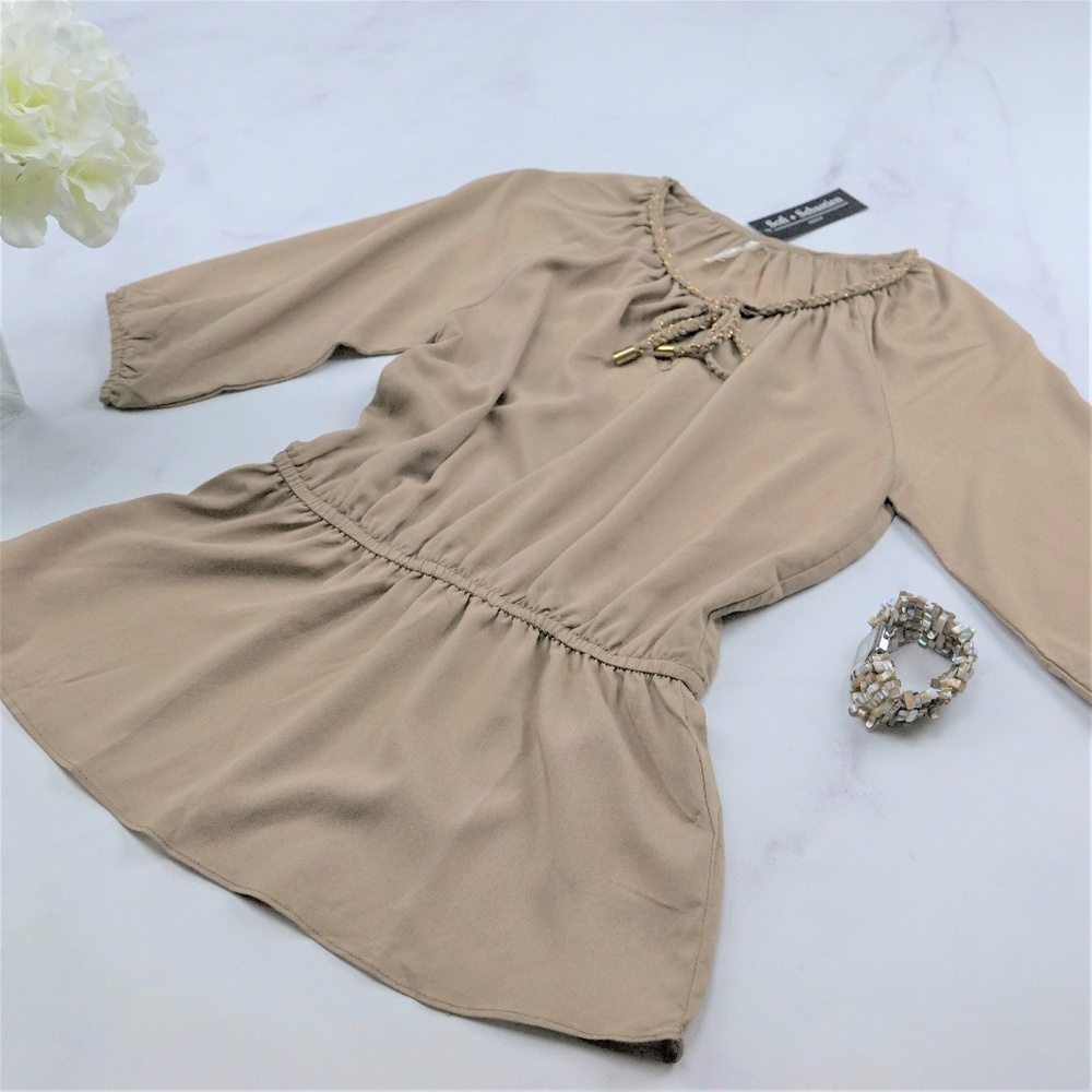 Peasant Top Peplum Beige Elastic Waist Tie Neck - Picture 3 of 3