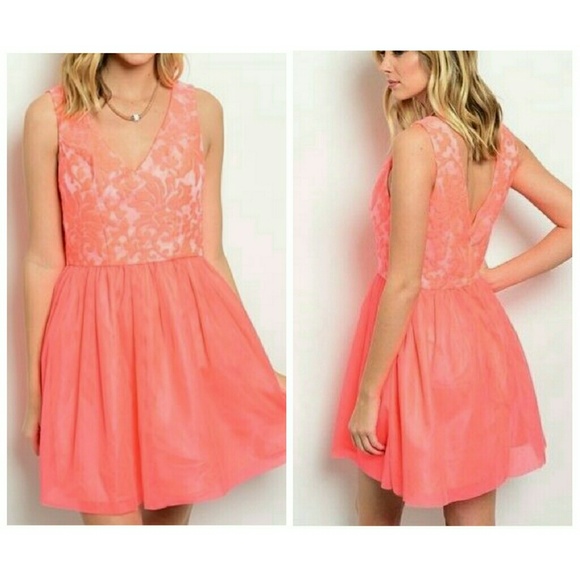 🔴 Neon coral embroidered dress tulle skirt prom - Picture 4 of 6