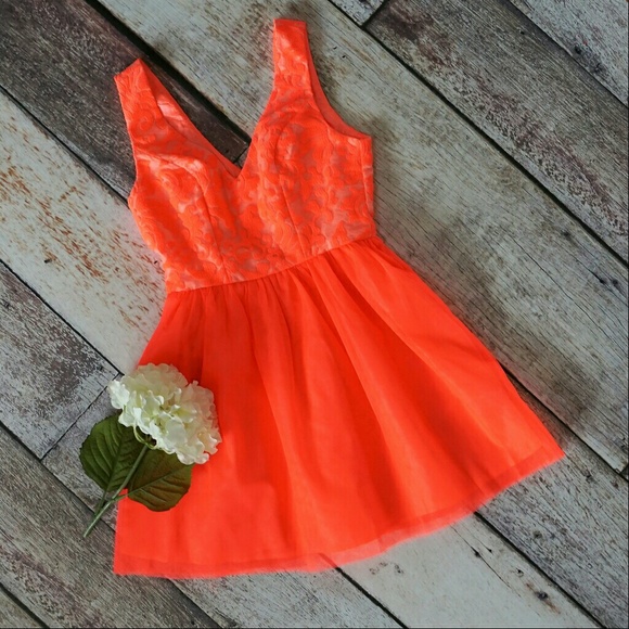 🔴 Neon coral embroidered dress tulle skirt prom - Picture 2 of 6