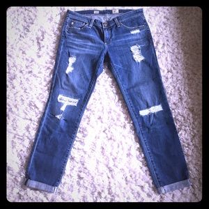 AG Distressed Stilt Cigarette Roll-up Jeans.