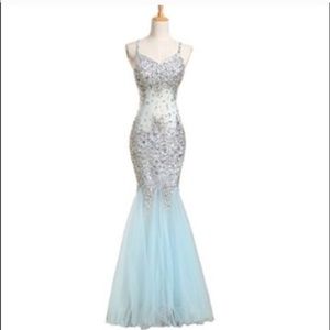 Sequined light blue mermaid prom gown