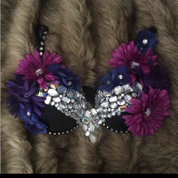 Purple floral and rhinestone rave bra w/ headband