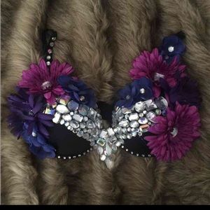 Purple floral and rhinestone rave bra w/ headband