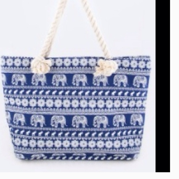 Blue Canvas Zipper Top Elephant Print Tote - Picture 3 of 4