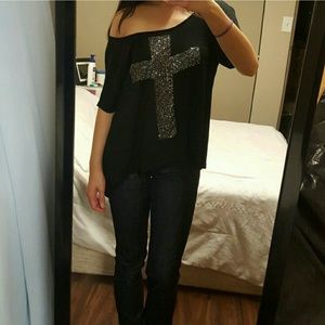 Forever 21 black shirt with glitter cross.