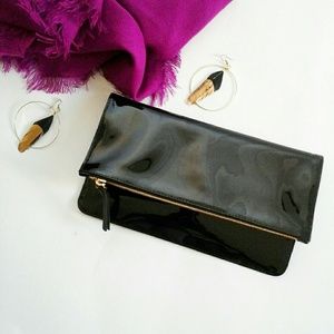 Claire V. Black Patent Leather Foldover  Clutch