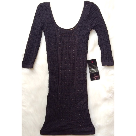 🎀BeBe Crochet Stitch Lined Dress Tubular Blk/Nude - Picture 2 of 4