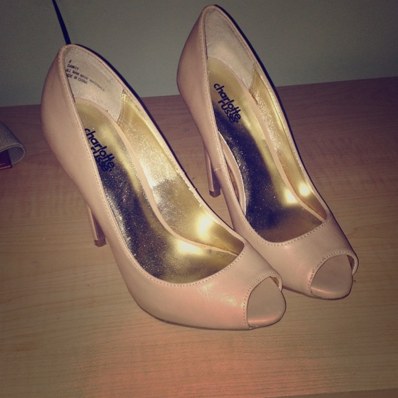 Nude, open-toed 5 inch heels