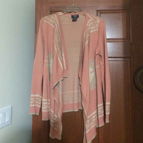 Light pinkish orangish and gold cardigan