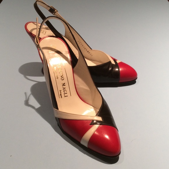 Bruno Magli red, white, and black, sling backs