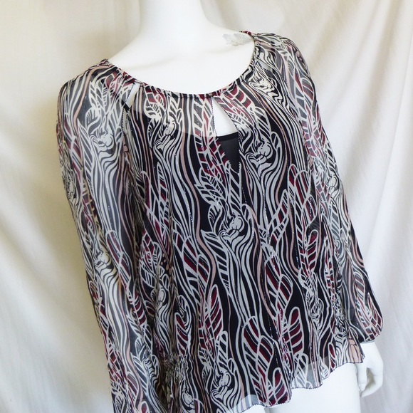 DKNY Multi Color Printed Silk Chiffon Blouse