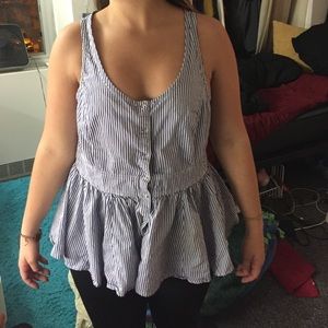 Blue and white striped button-up peplum tank top
