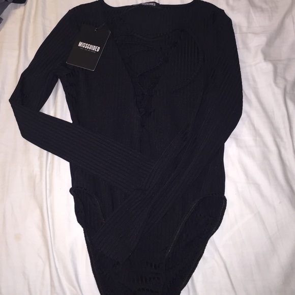 MISSGUIDED black ribbed lace-up bodysuit size 8