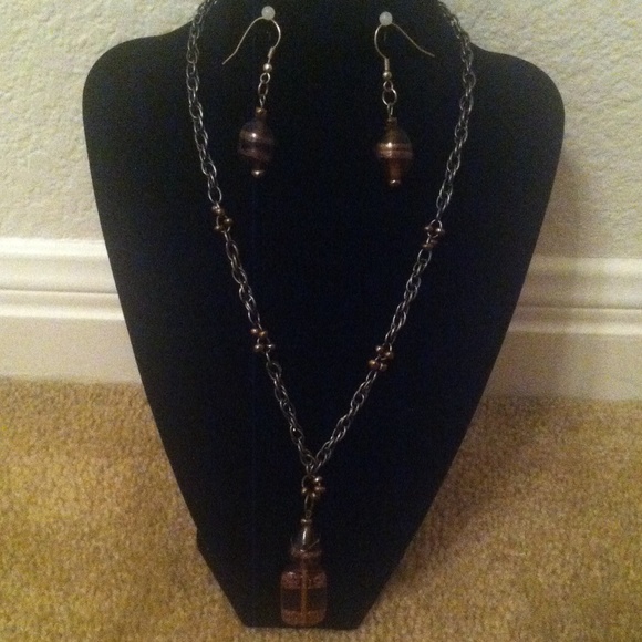 Brown and gold glass beaded necklace & earring set