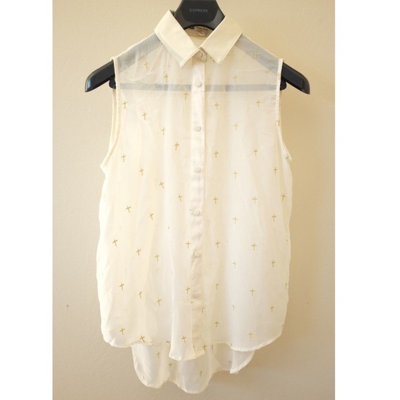 Sheer Tank Button Up with Gold Cross Stich