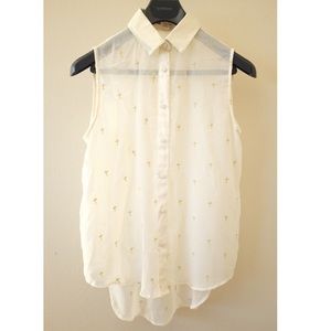 Sheer Tank Button Up with Gold Cross Stich