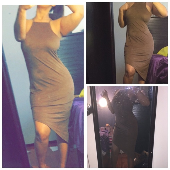Brand new brown swede asymmetry strap dresss sz Lg