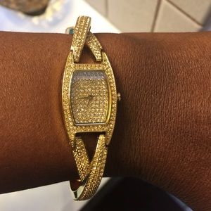 DKNY Crosswalk Crystal Accent Bangle Watch Gold.