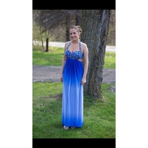 Blue ombré halter top prom dress