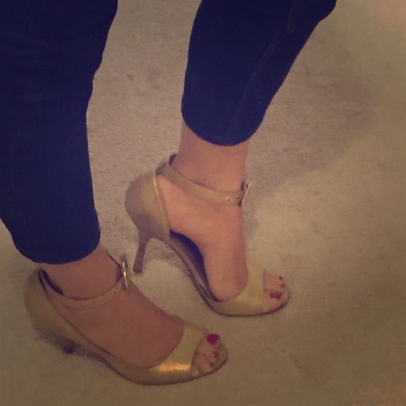 Antique gold peep toe pumps