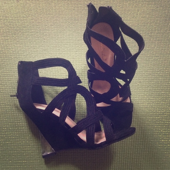 Black Strappy Wedge Heels