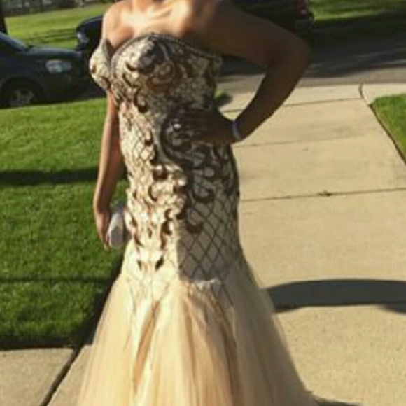 Creme/Brown Designed Mermaid Prom Dress