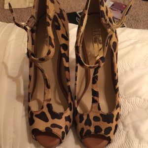 INC leopard open toe pumps