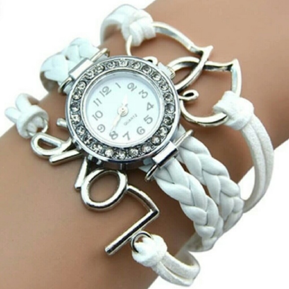 White multilayer vegan leather love bracelet watch