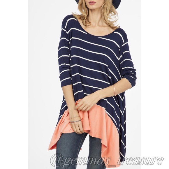 🆕 ||Stripe Suede Trim Tunic - Navy/Coral - Picture 2 of 4