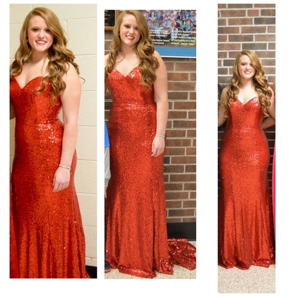 Prom dress, red sequin with train, size 8 worn 1x.