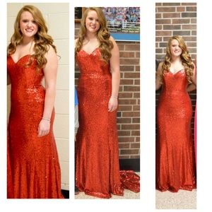 Prom dress, red sequin with train, size 8 worn 1x.