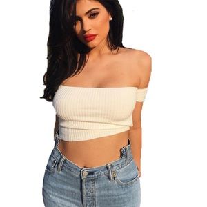 New Kylie Ribbed cropped off shoulder top