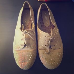 Cream Lace up flats with Rhinestones