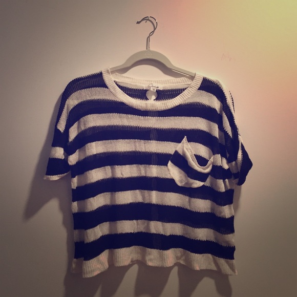 Navy and white striped knit mesh top - Picture 1 of 4