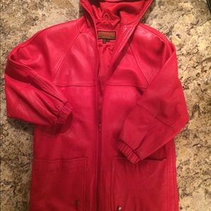 Red Leather zip-front coat with hood