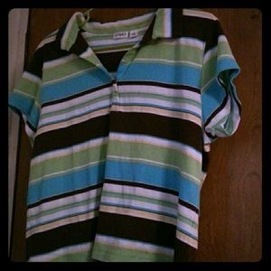 Green, brown, yellow, blue striped shirt