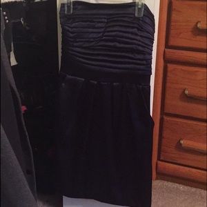 dark blue satin strapless formal dress